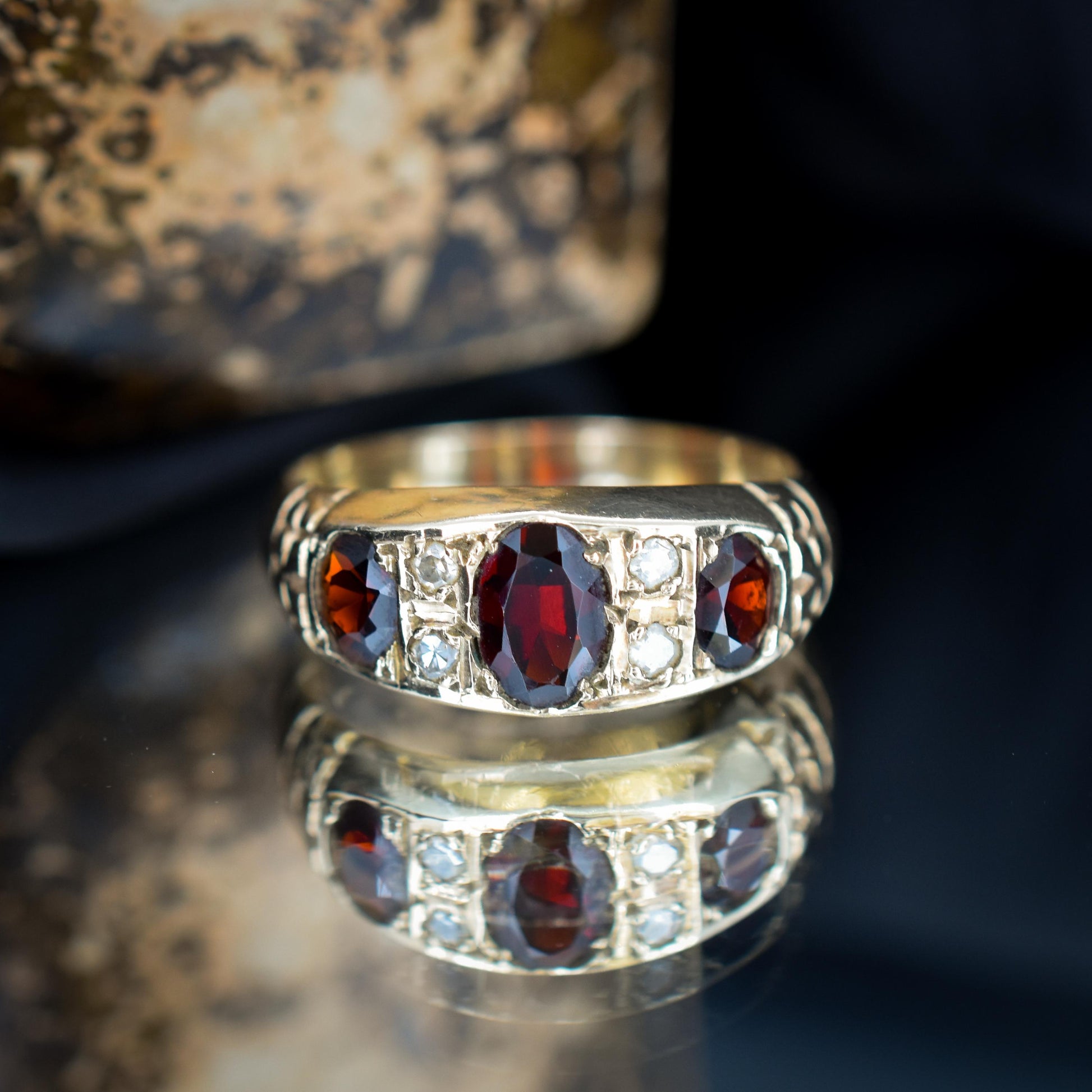 Vintage Garnet and Diamond 9ct Yellow Gold Three Stone Ring Band