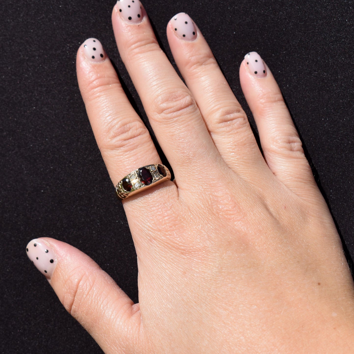 Vintage Garnet and Diamond 9ct Yellow Gold Three Stone Ring Band