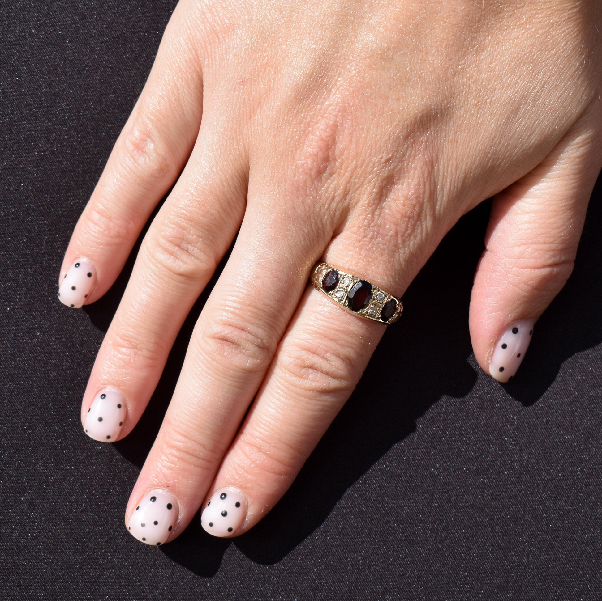 Vintage Garnet and Diamond 9ct Yellow Gold Three Stone Ring Band