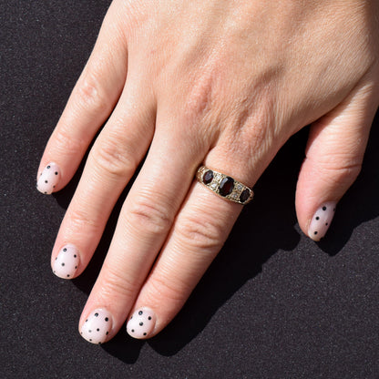 Vintage Garnet and Diamond 9ct Yellow Gold Three Stone Ring Band