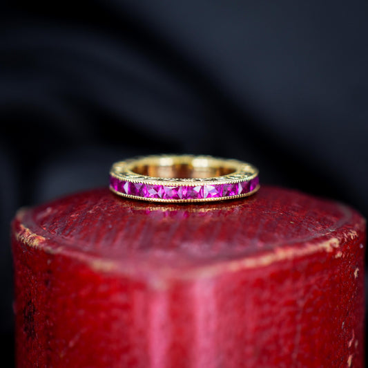 French Cut Ruby 18ct Gold Engraved Connector Bail Charm