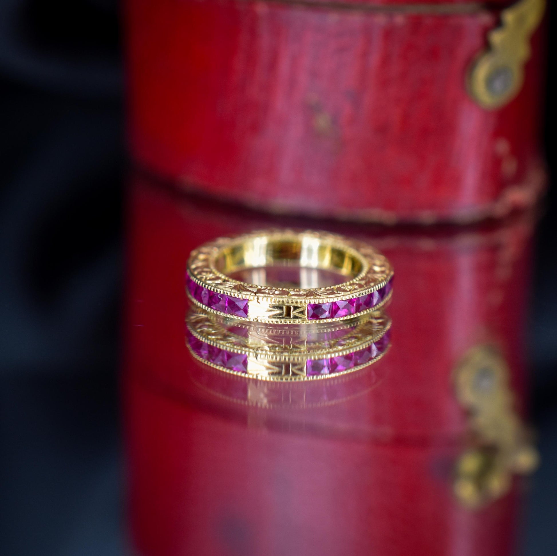 French Cut Ruby 18ct Gold Engraved Connector Bail Charm