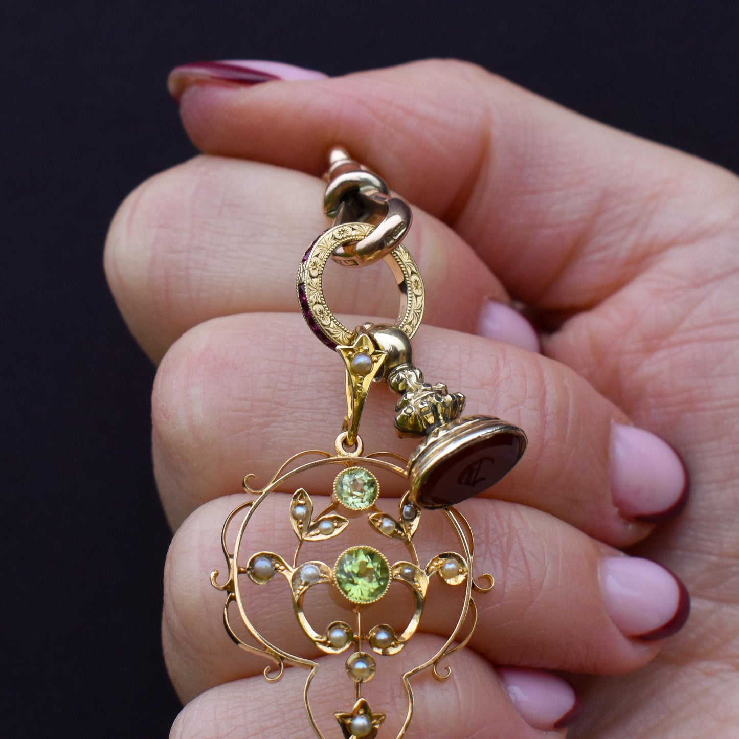 French Cut Ruby 18ct Gold Engraved Connector Bail Charm
