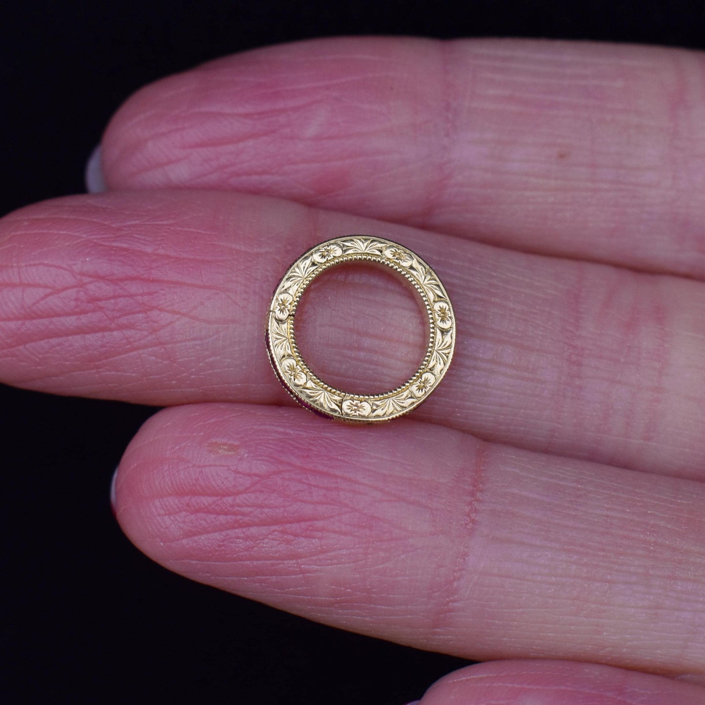 French Cut Ruby 18ct Gold Engraved Connector Bail Charm