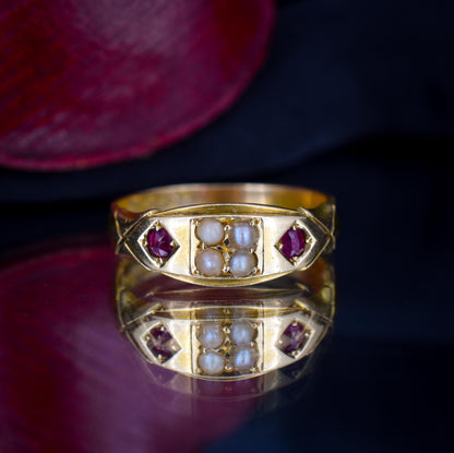 Antique Victorian Ruby and Pearl 18ct Gold Band Ring - Chester 1898
