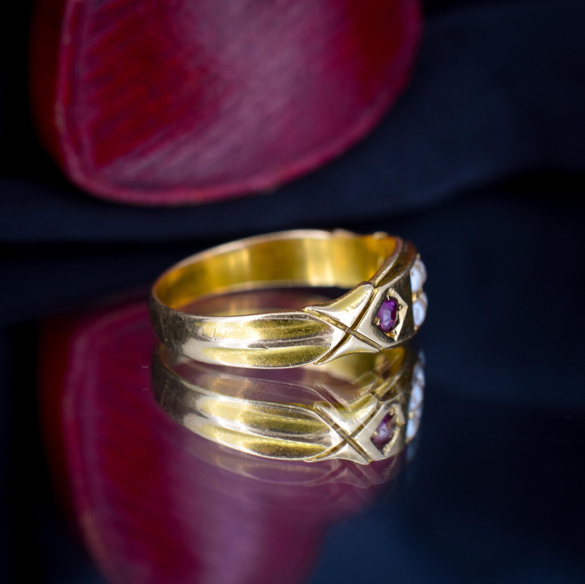 Antique Victorian Ruby and Pearl 18ct Gold Band Ring - Chester 1898