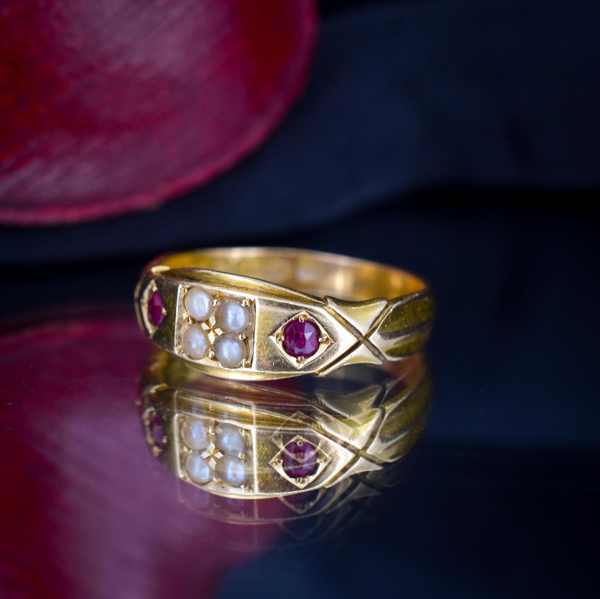Antique Victorian Ruby and Pearl 18ct Gold Band Ring - Chester 1898