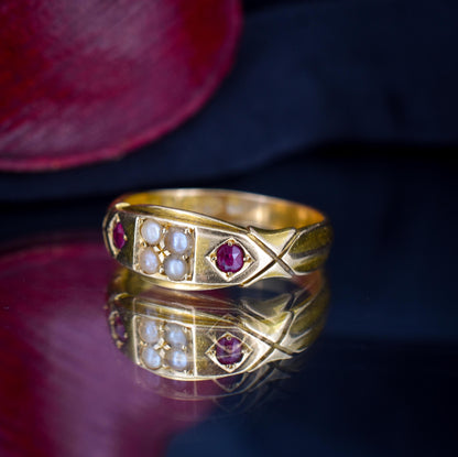 Antique Victorian Ruby and Pearl 18ct Gold Band Ring - Chester 1898