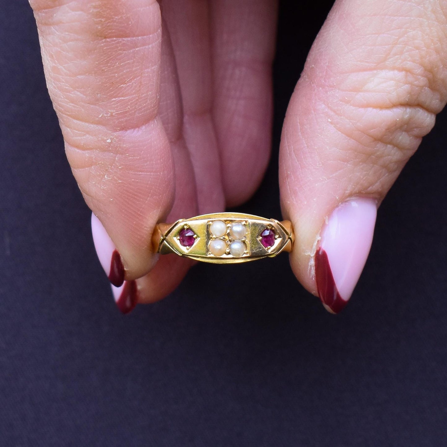 Antique Victorian Ruby and Pearl 18ct Gold Band Ring - Chester 1898