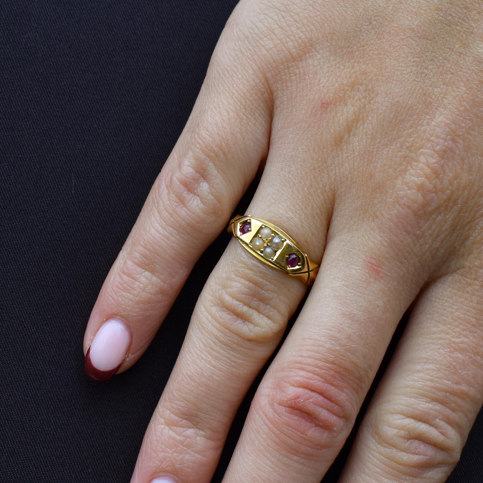 Antique Victorian Ruby and Pearl 18ct Gold Band Ring - Chester 1898