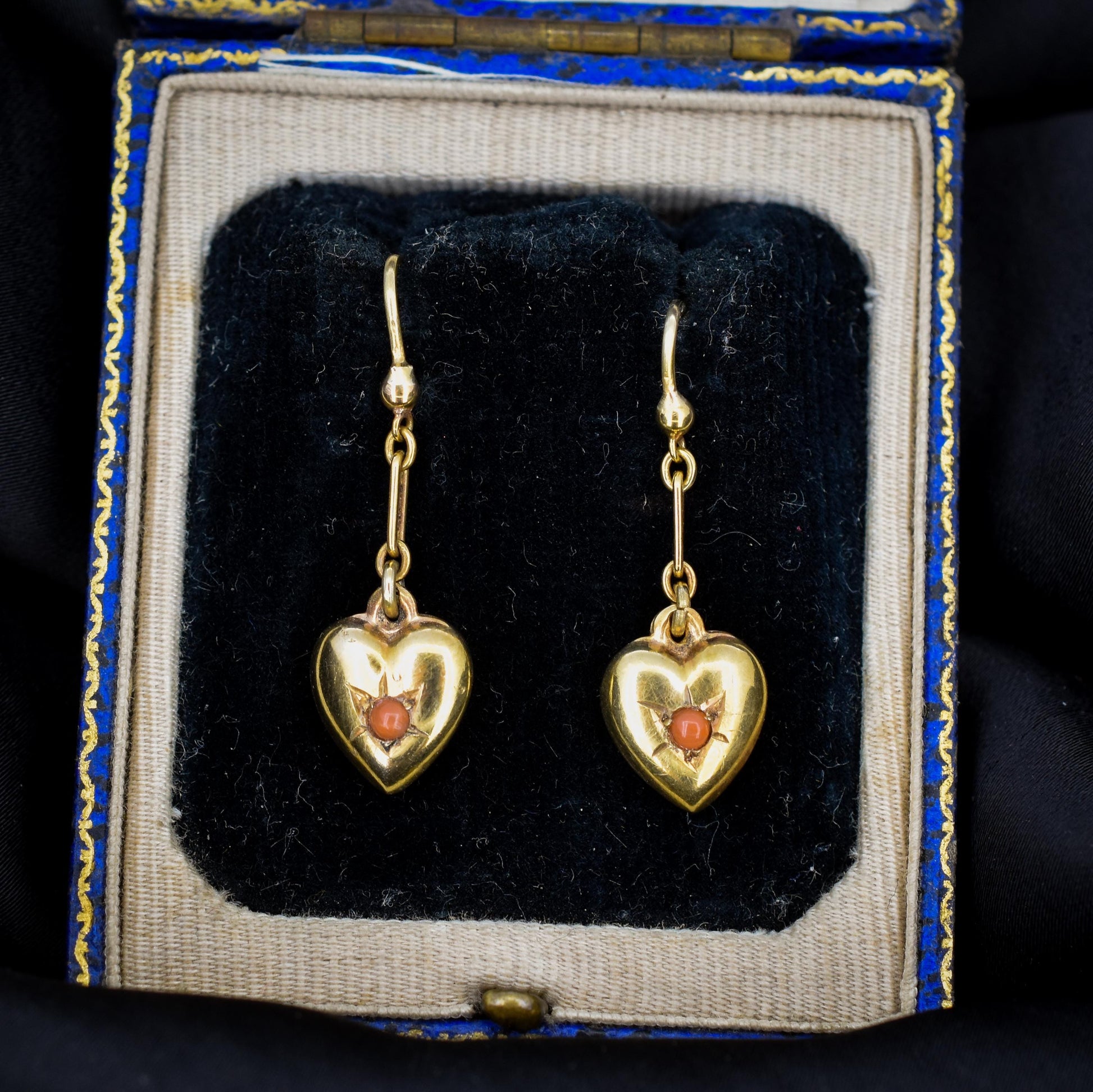 Antique 9ct Gold Coral Heart Drop Earrings