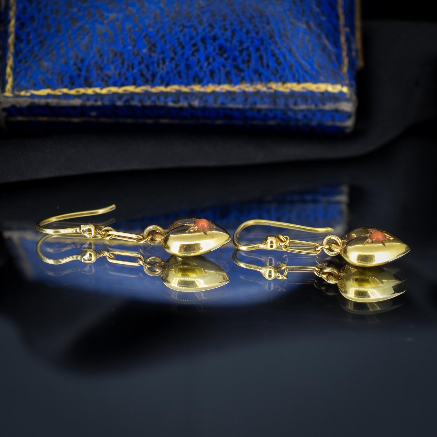 Antique 9ct Gold Coral Heart Drop Earrings