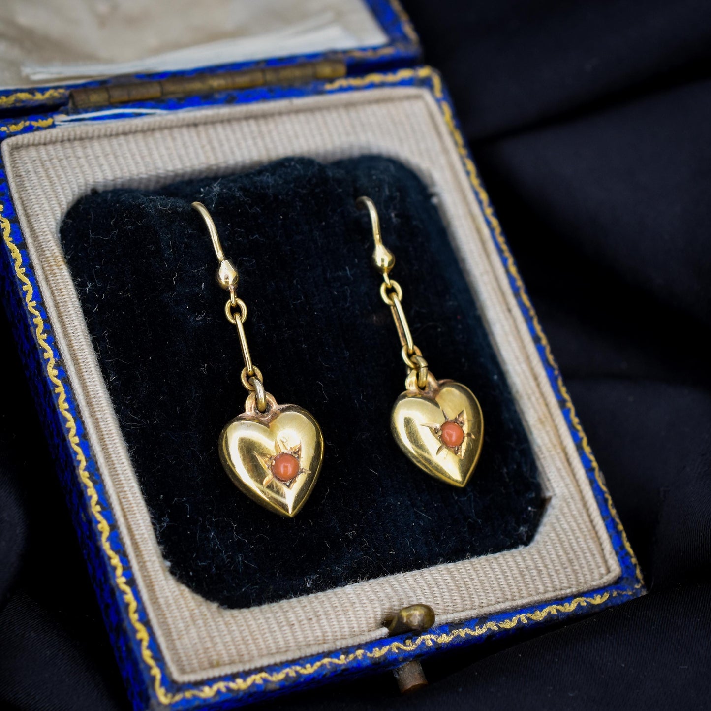 Antique 9ct Gold Coral Heart Drop Earrings