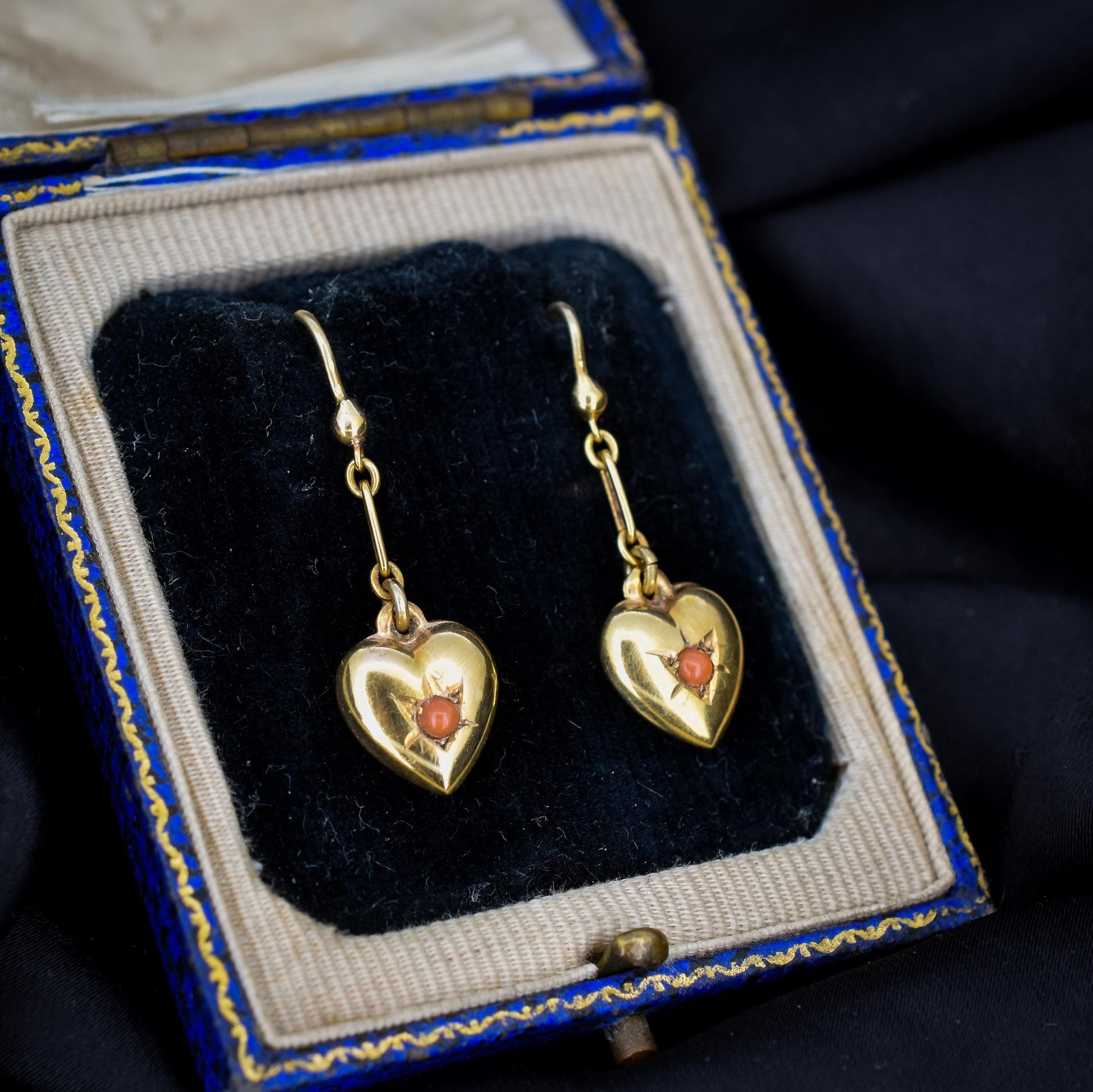 Antique 9ct Gold Coral Heart Drop Earrings