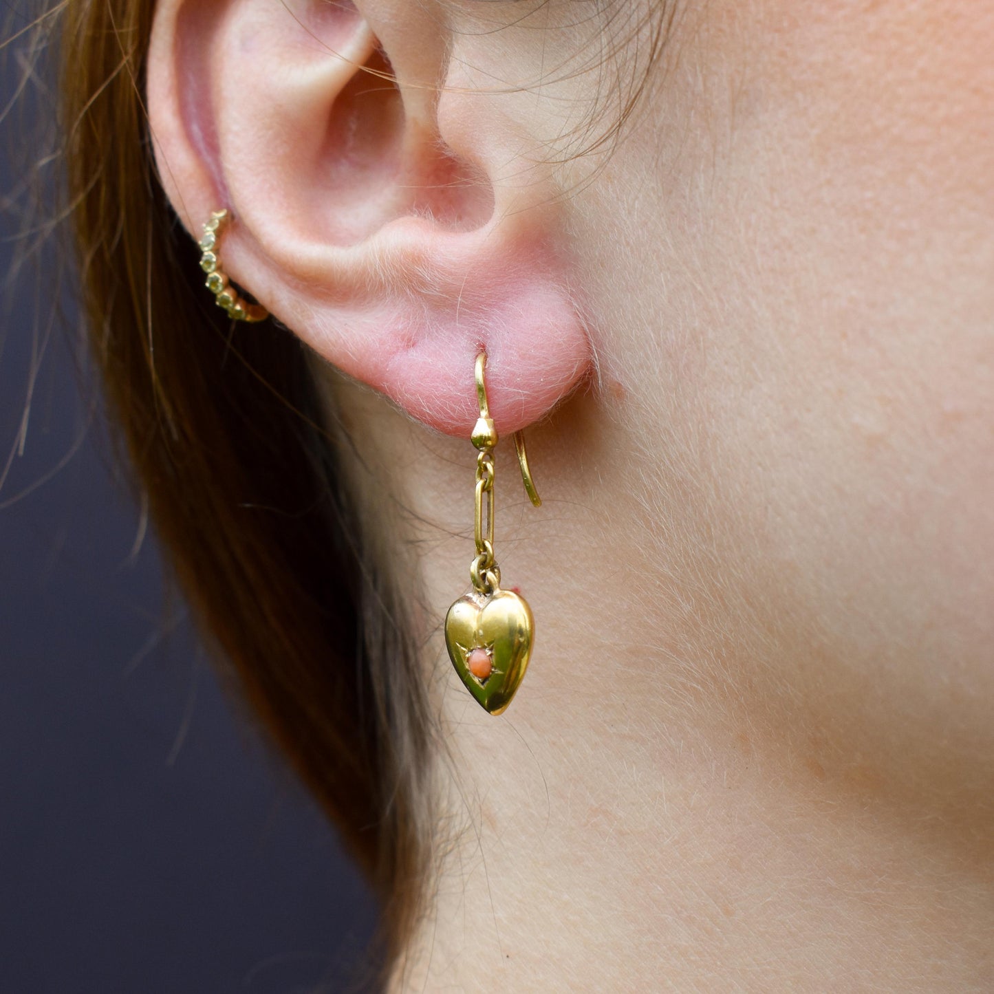 Antique 9ct Gold Coral Heart Drop Earrings
