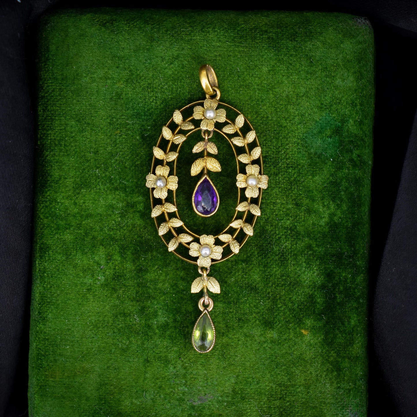 Antique Edwardian Amethyst Peridot and Pearl Gold Pendant | Suffragette