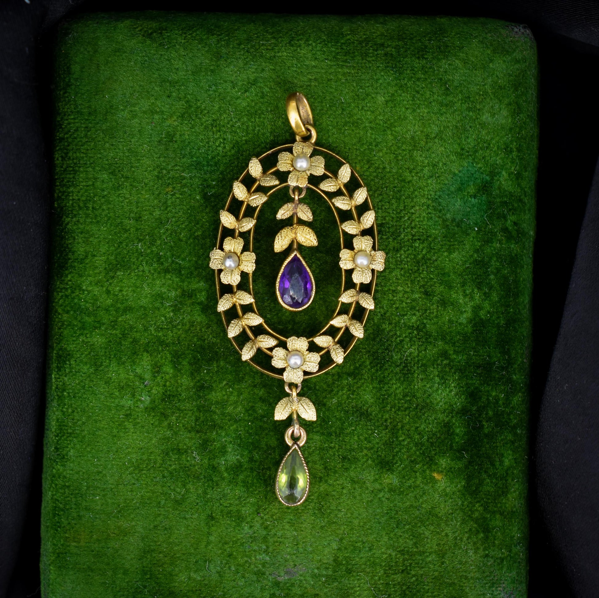 Antique Edwardian Amethyst Peridot and Pearl Gold Pendant | Suffragette