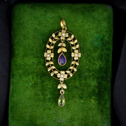 Antique Edwardian Amethyst Peridot and Pearl Gold Pendant | Suffragette
