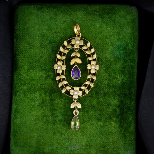 Antique Edwardian Amethyst Peridot and Pearl Gold Pendant | Suffragette