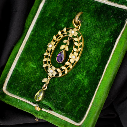 Antique Edwardian Amethyst Peridot and Pearl Gold Pendant | Suffragette