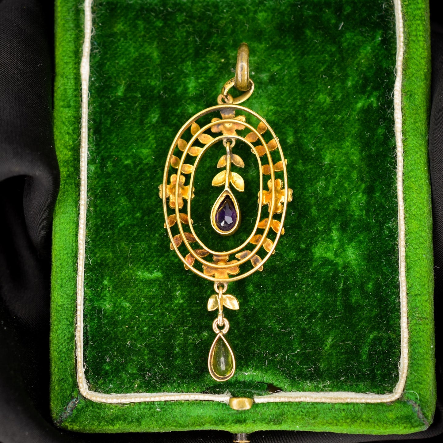 Antique Edwardian Amethyst Peridot and Pearl Gold Pendant | Suffragette