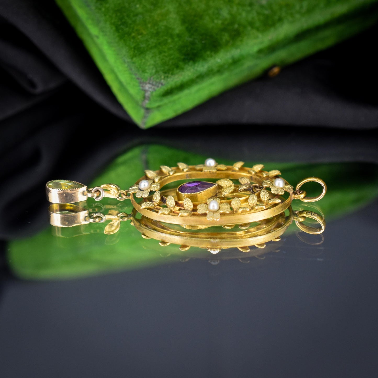 Antique Edwardian Amethyst Peridot and Pearl Gold Pendant | Suffragette