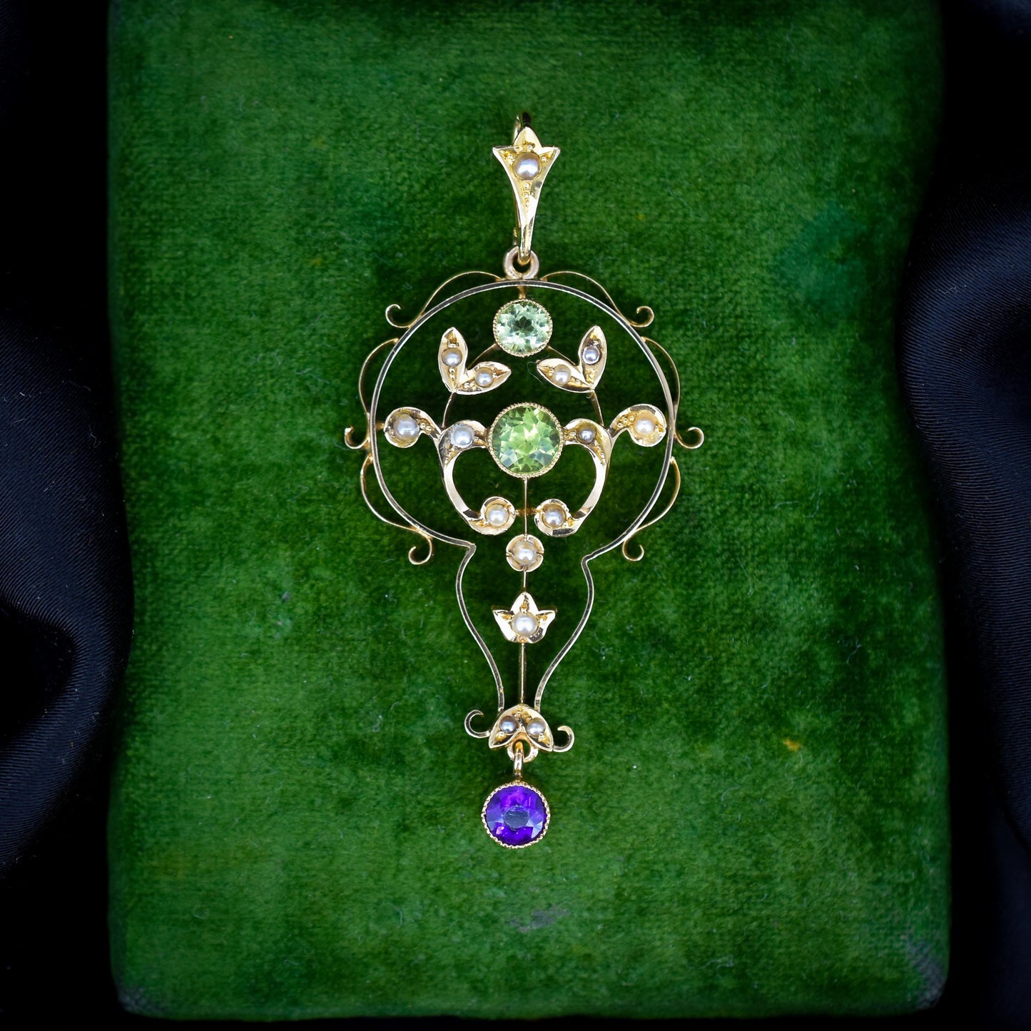 Antique Suffragette Peridot Pearl and Amethyst 15ct Gold Pendant
