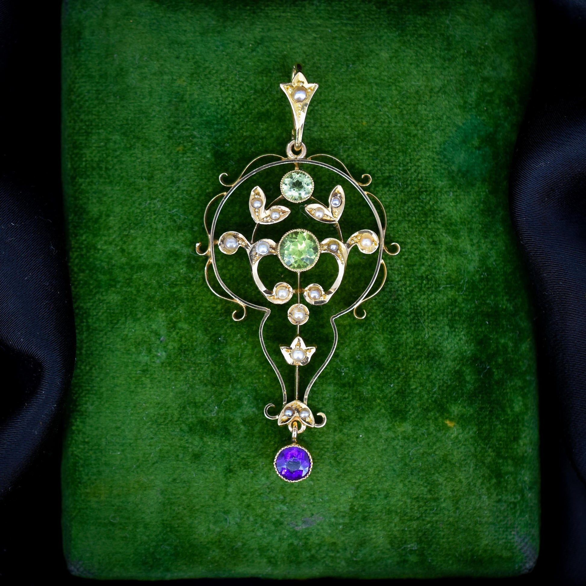 Antique Suffragette Peridot Pearl and Amethyst 15ct Gold Pendant
