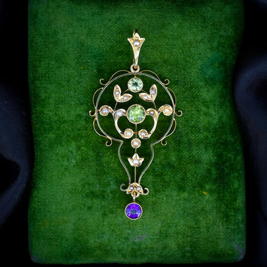 Antique Suffragette Peridot Pearl and Amethyst 15ct Gold Pendant