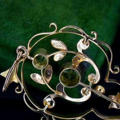 Antique Suffragette Peridot Pearl and Amethyst 15ct Gold Pendant
