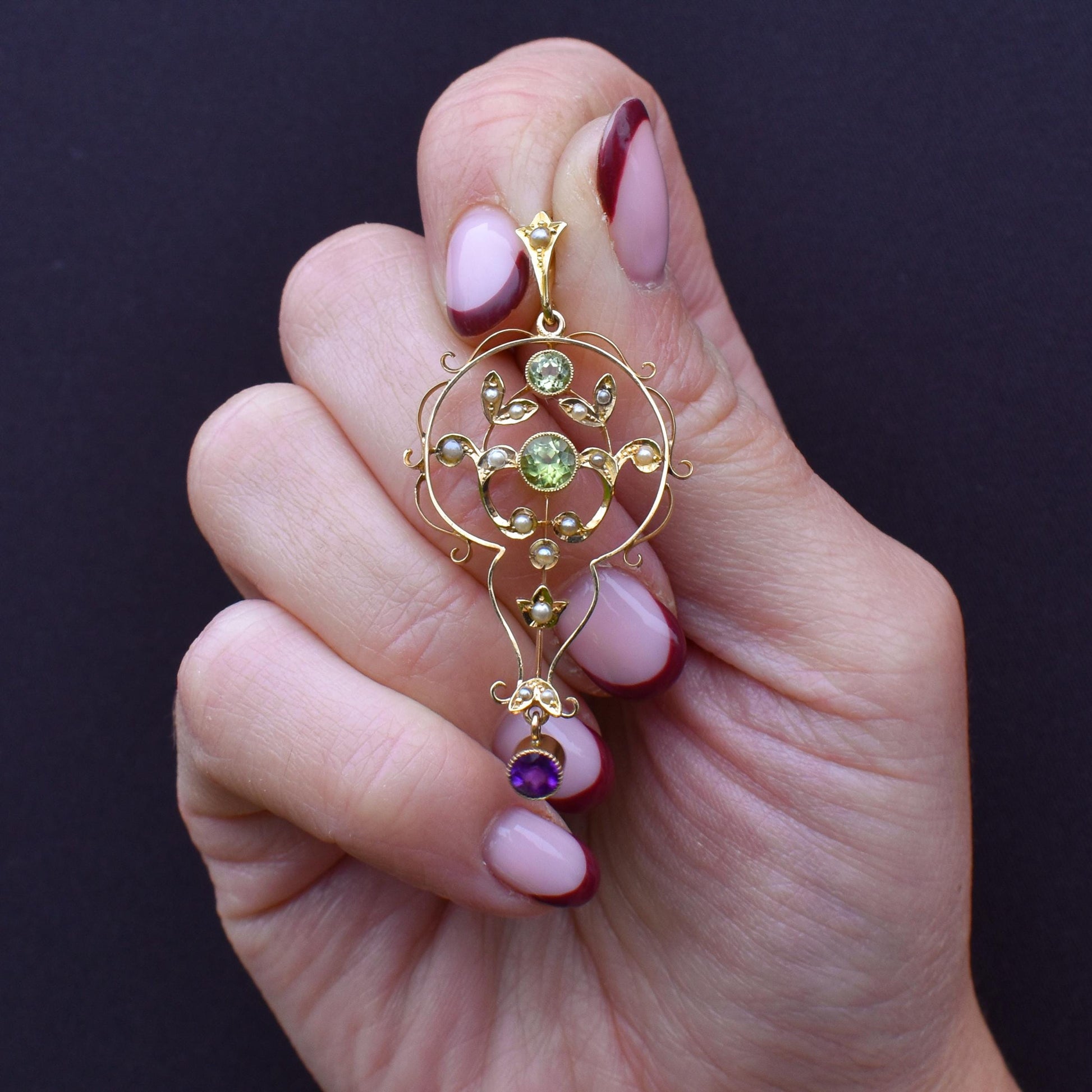 Antique Suffragette Peridot Pearl and Amethyst 15ct Gold Pendant