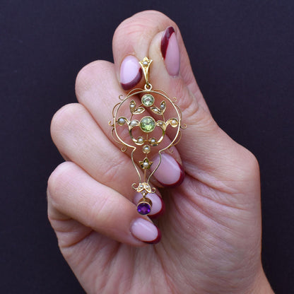 Antique Suffragette Peridot Pearl and Amethyst 15ct Gold Pendant