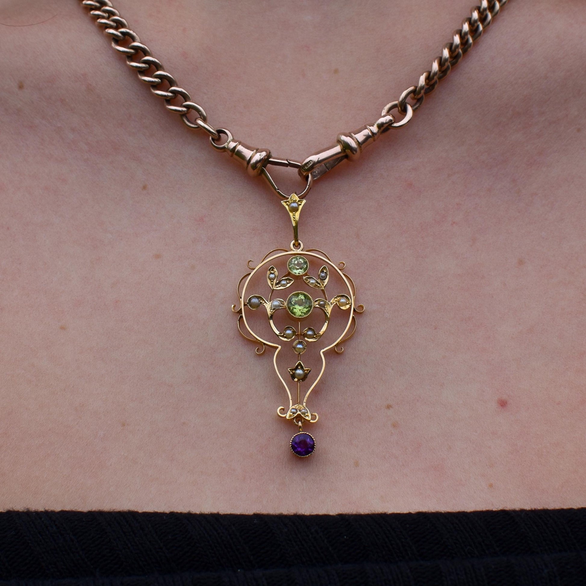 Antique Suffragette Peridot Pearl and Amethyst 15ct Gold Pendant
