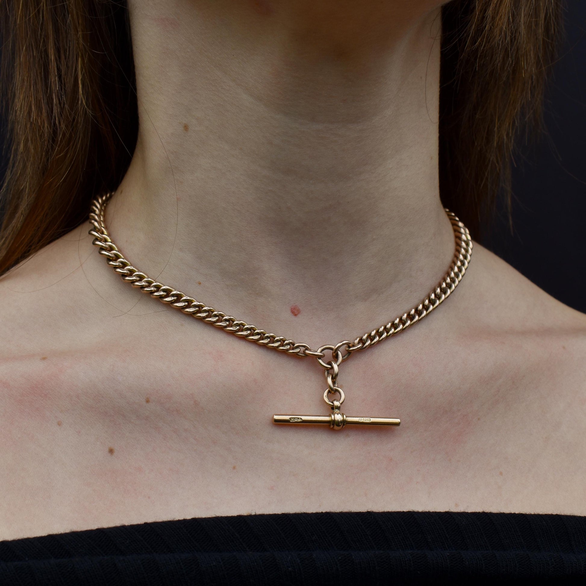 Antique 9ct Gold Double Dog Clip Curb Albert Watch Chain Necklace 15.75"