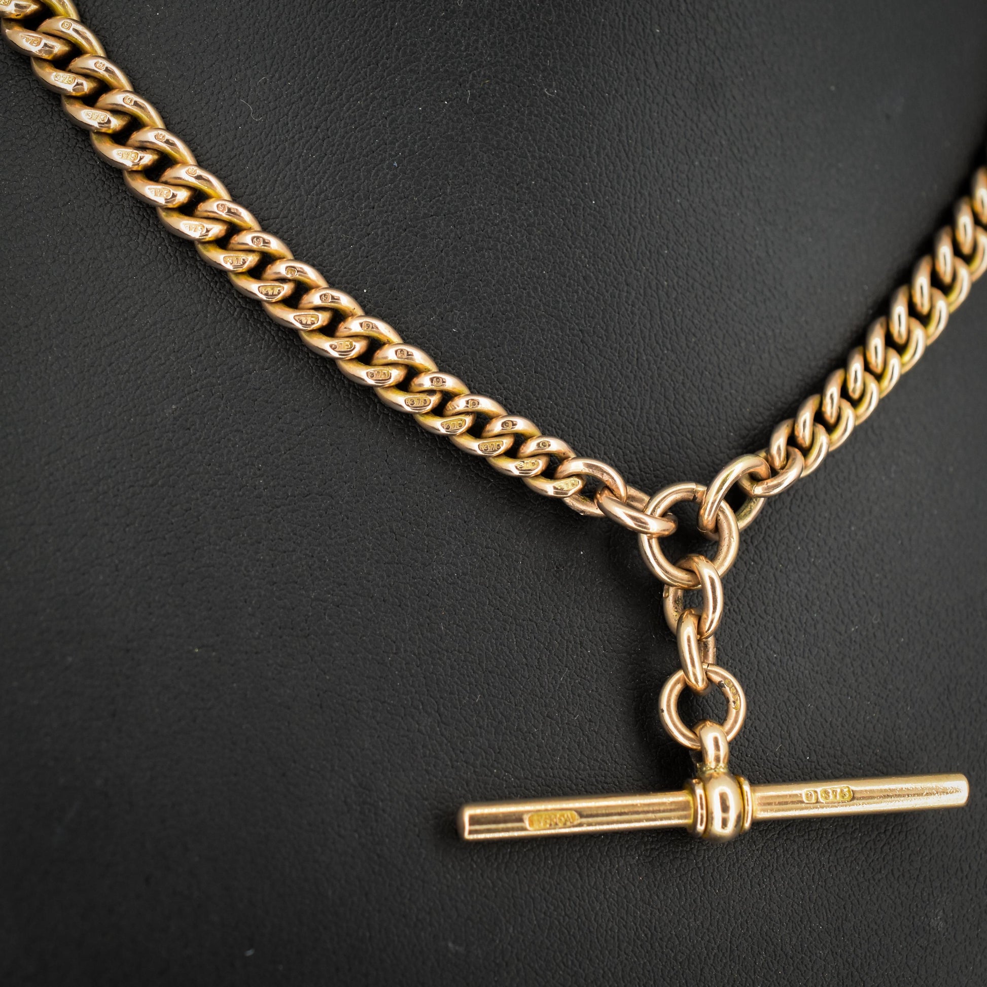 Antique 9ct Gold Double Dog Clip Curb Albert Watch Chain Necklace 15.75"