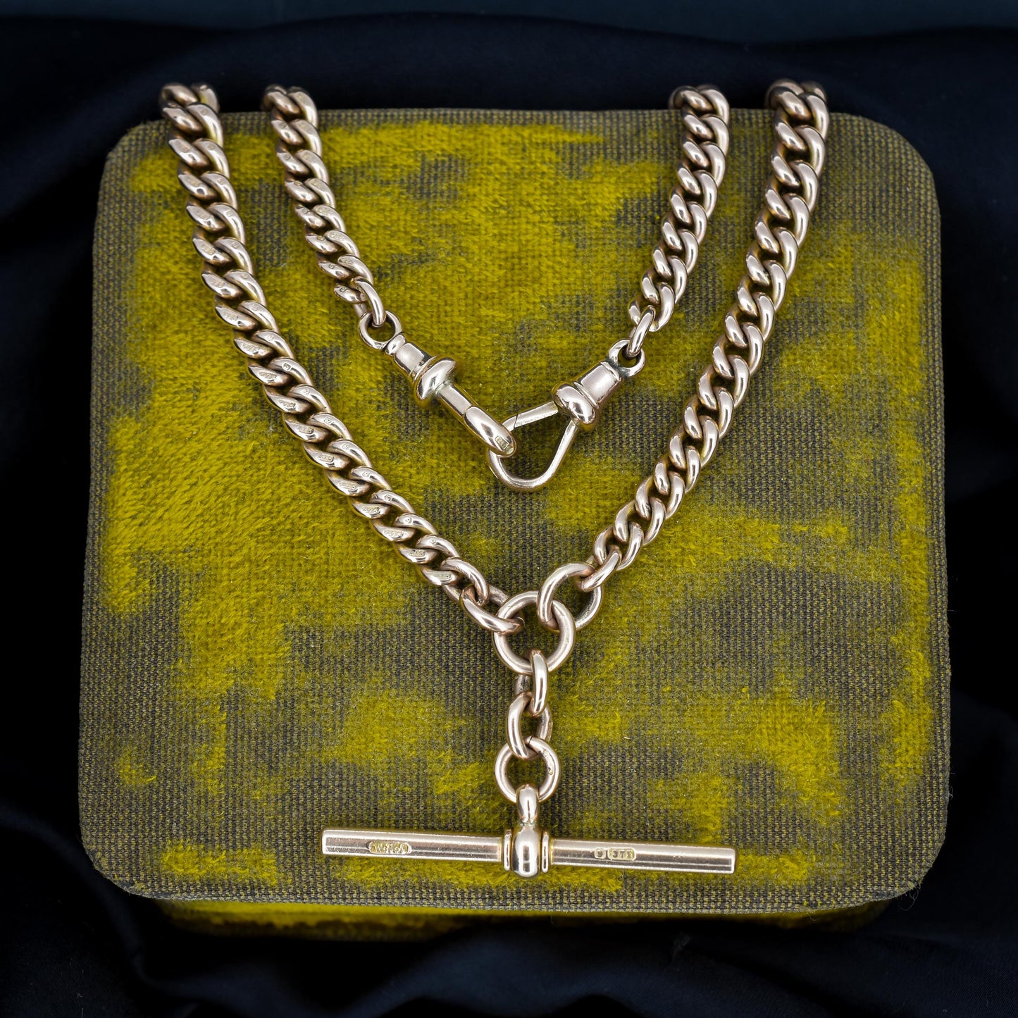 Antique 9ct Gold Double Dog Clip Curb Albert Watch Chain Necklace 15.75"