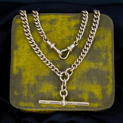 Antique 9ct Gold Double Dog Clip Curb Albert Watch Chain Necklace 15.75"