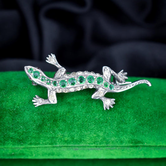 Antique Green Paste Silver Lizard Brooch | Victorian