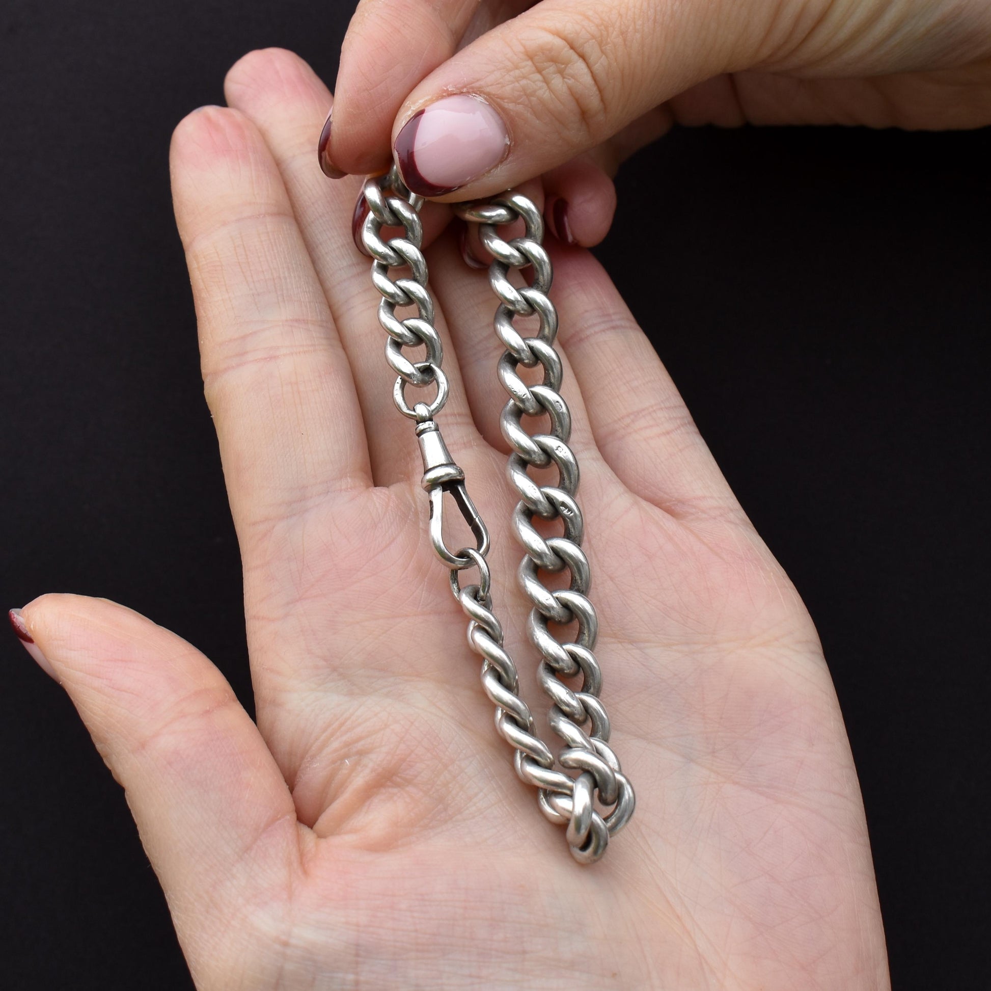 Antique Chunky Graduated Curb Sterling Silver Bracelet with Dog Clip | 7.75"