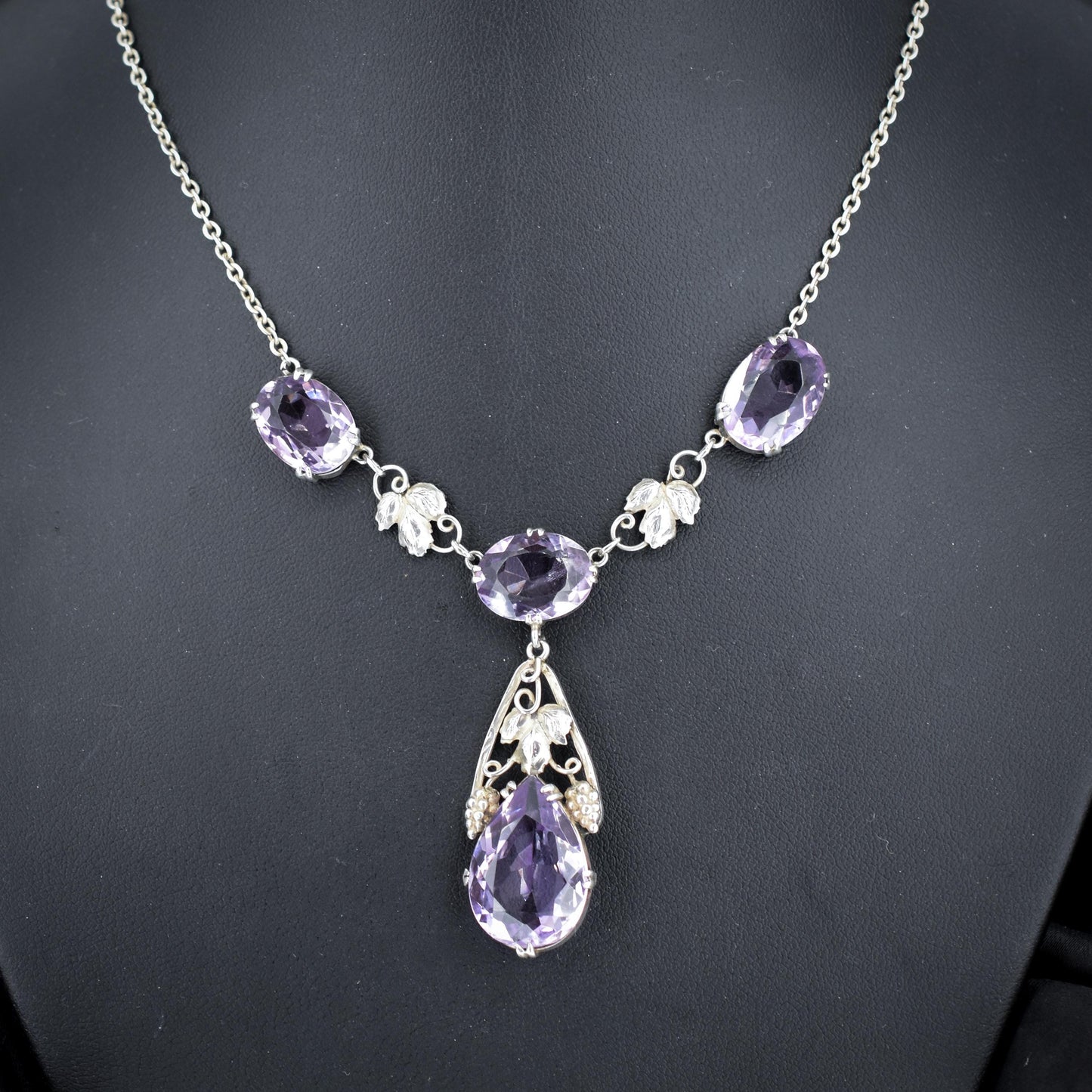 Arts & Crafts Silver Amethyst Drop Pendant Chain Necklace 18.59ct