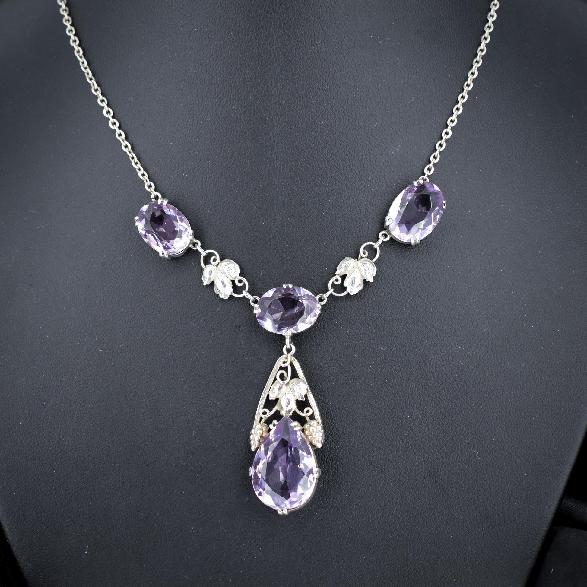 Arts & Crafts Silver Amethyst Drop Pendant Chain Necklace 18.59ct