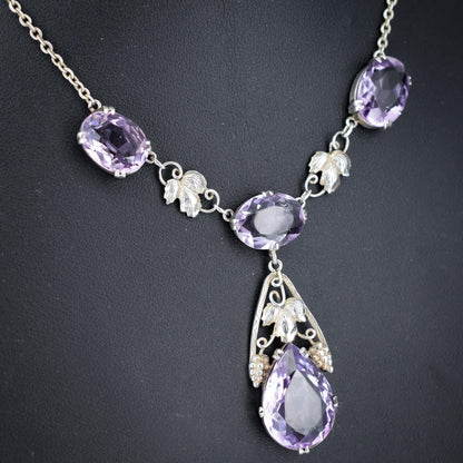 Arts & Crafts Silver Amethyst Drop Pendant Chain Necklace 18.59ct