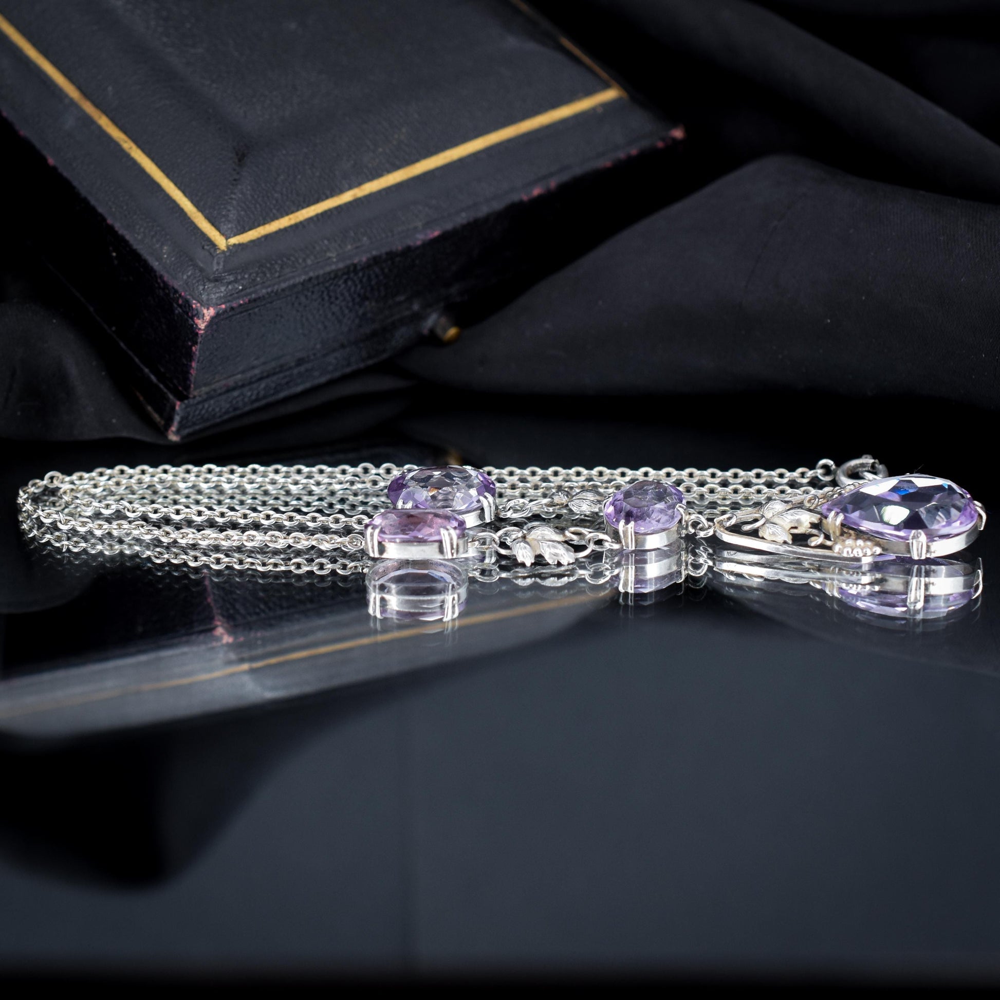 Arts & Crafts Silver Amethyst Drop Pendant Chain Necklace 18.59ct