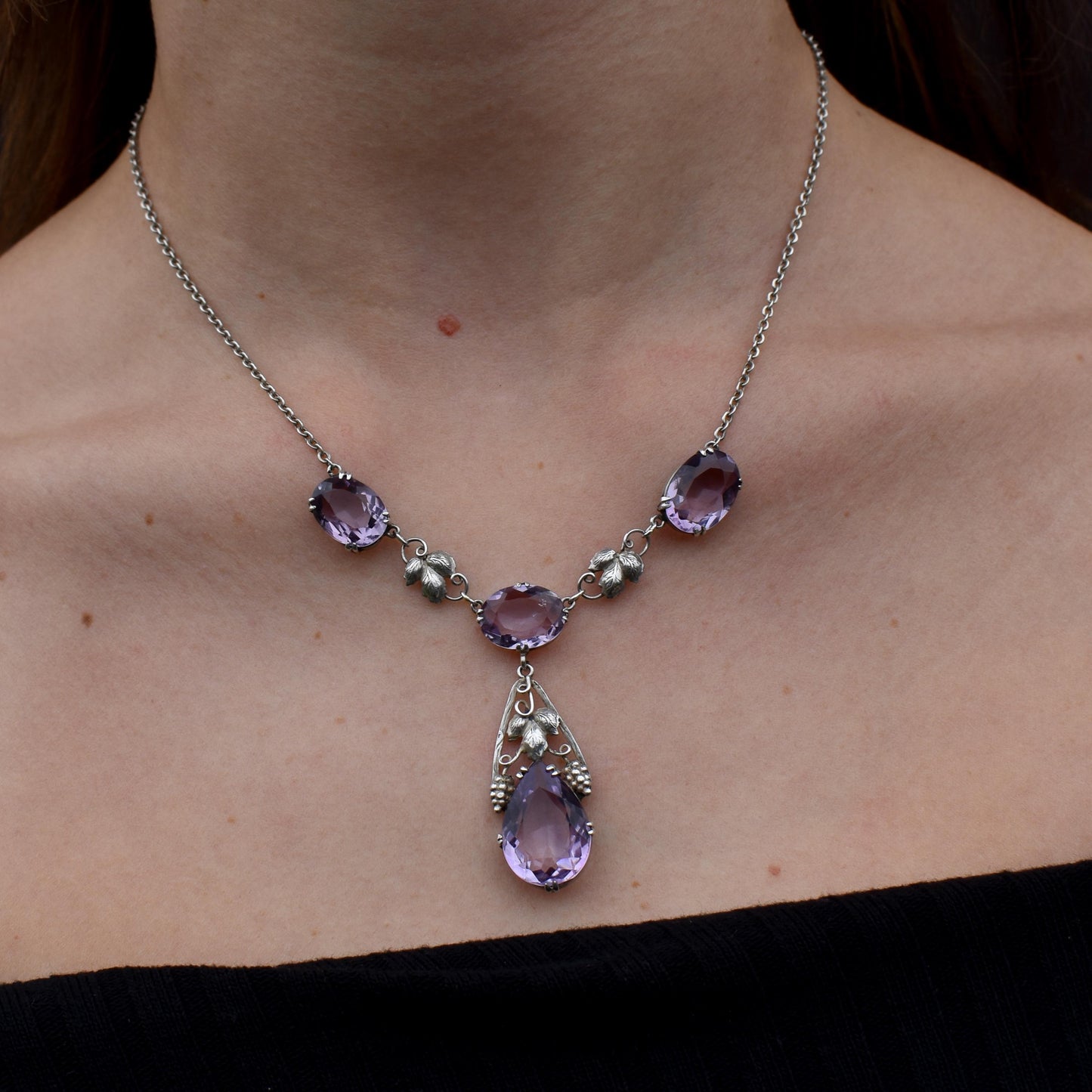 Arts & Crafts Silver Amethyst Drop Pendant Chain Necklace 18.59ct