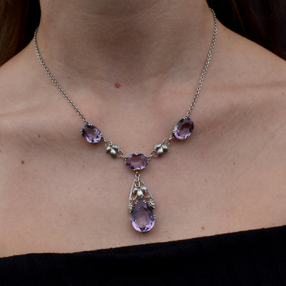 Arts & Crafts Silver Amethyst Drop Pendant Chain Necklace 18.59ct