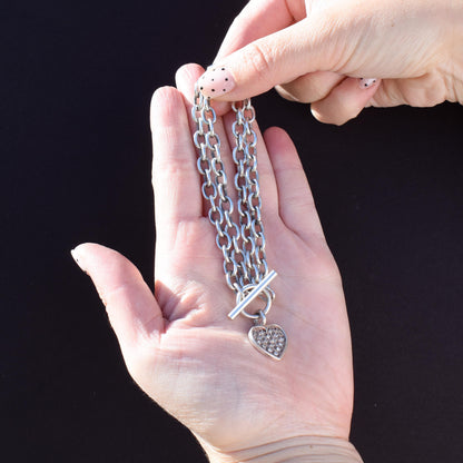 Vintage Silver Oval Cable Link Toggle Paste Heart Chain Necklace 16.5" Length