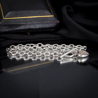 Vintage Silver Oval Cable Link Toggle Paste Heart Chain Necklace 16.5" Length