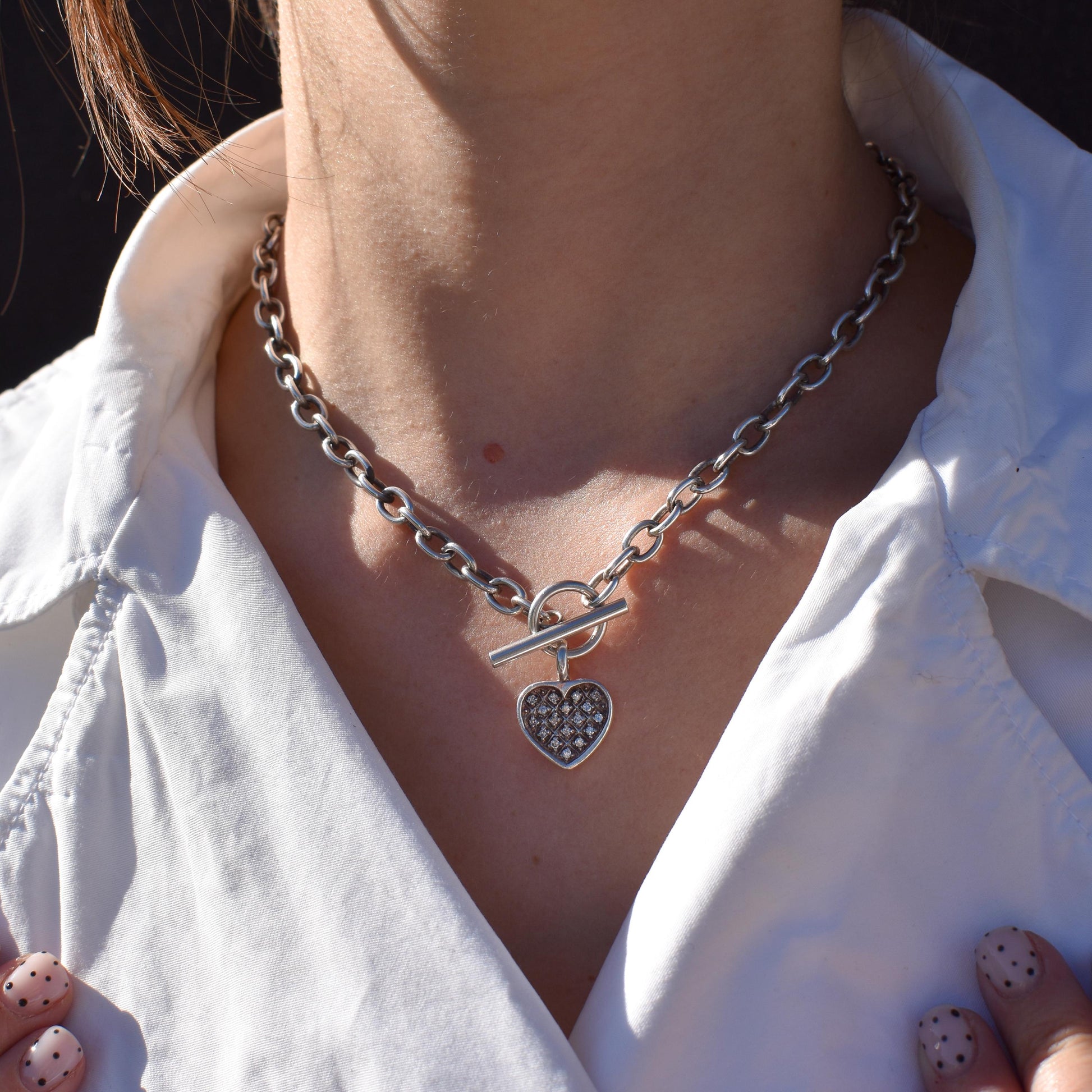 Vintage Silver Oval Cable Link Toggle Paste Heart Chain Necklace 16.5" Length