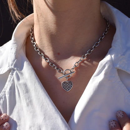 Vintage Silver Oval Cable Link Toggle Paste Heart Chain Necklace 16.5" Length