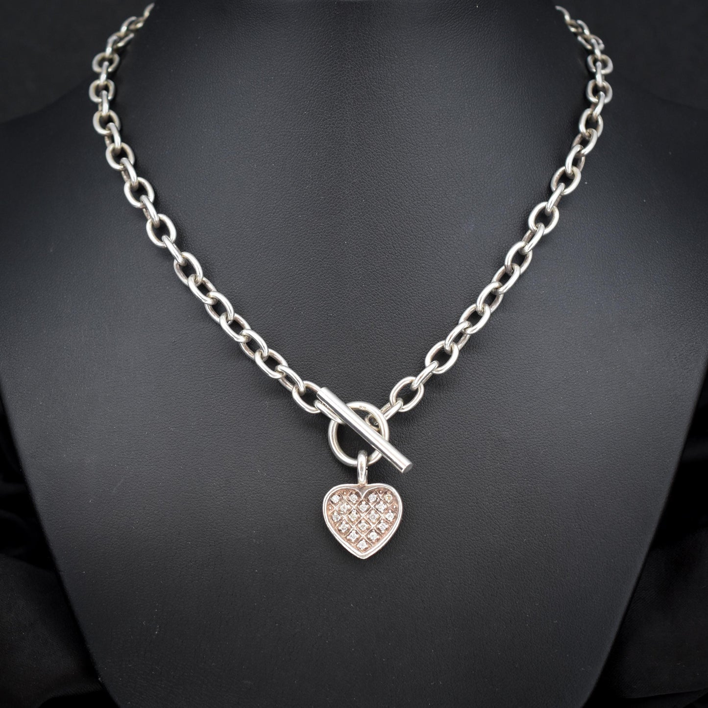 Vintage Silver Oval Cable Link Toggle Paste Heart Chain Necklace 16.5" Length